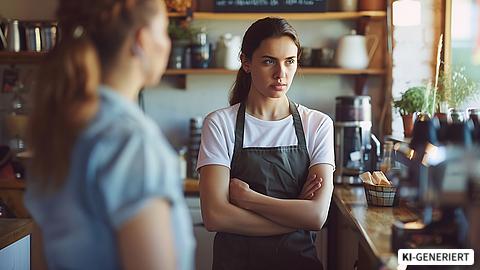 Servicekraft eines Kaffees verschränkt die Arme und blickt wütend zur Seite