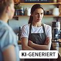 Servicekraft eines Kaffees verschränkt die Arme und blickt wütend zur Seite