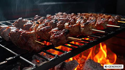 Fleischspieße werden auf einem Grill zubereitet | © Rangga Bimantara - stock.adobe.com, generiert mit KI Fleischspieße werden auf einem Grill zubereitet