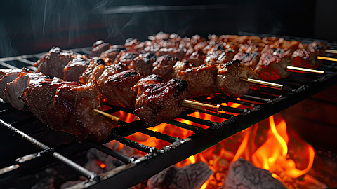 Fleischspieße werden auf einem Grill zubereitet