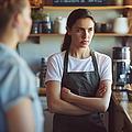 Servicekraft eines Kaffees verschränkt die Arme und blickt wütend zur Seite