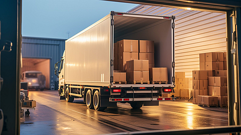 Kartons werden in einen großen LKW außerhalb des Lagers geladen