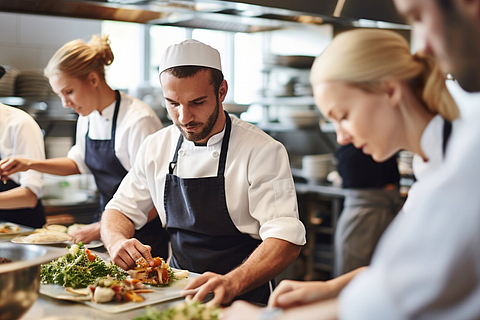 Ein Team junger Köche bereitet Gerichte in einer geschäftigen Restaurantküche zu