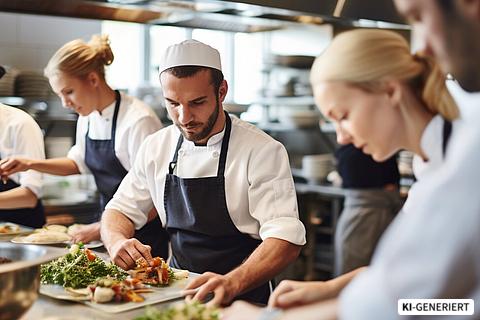 Ein Team junger Köche bereitet Gerichte in einer geschäftigen Restaurantküche zu