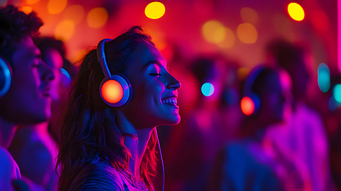 Leise feiern, gezielt hören, sicher arbeiten: Bei der „Silent Disco“ kommt die Musik direkt über Kopfhörer – Gäste wählen ihren Kanal selbst, während die Lärmbelastung für Beschäftigte und Umfeld deutlich sinkt. | © Adobe Stock | TawaUStock | Generiert mit KI Frau hört über Kopfhörer Musik auf einer Silent Party.