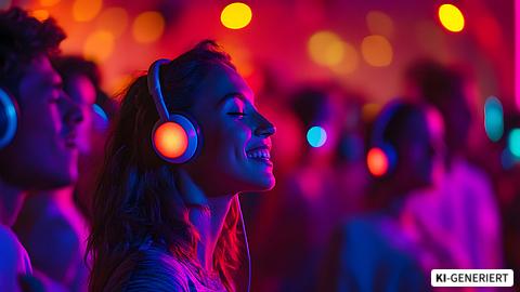 Frau hört über Kopfhörer Musik auf einer Silent Party.