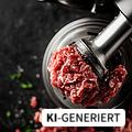 Frisch gehacktes Fleisch, das durch einen Fleischwolf verarbeitet wird mit verstreuten Stücken und Kräutern