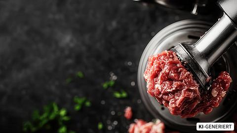 Frisch gehacktes Fleisch, das durch einen Fleischwolf verarbeitet wird mit verstreuten Stücken und Kräutern