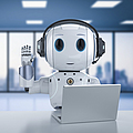 Lächelnder und winkender Roboter mit einem Laptop