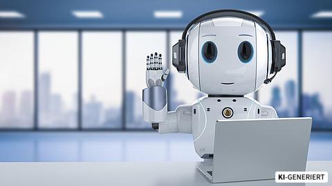 Lächelnder und winkender Roboter mit einem Laptop | © stock.adobe.com - phonlamaiphoto, generiert mit KI Lächelnder und winkender Roboter mit einem Laptop
