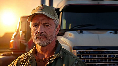 Lkw-Fahrer steht vor seinem Lkw in der Abendsonne und schaut nachdenklich