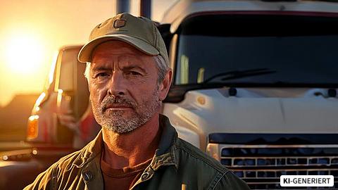 Lkw-Fahrer steht vor seinem Lkw in der Abendsonne und schaut nachdenklich