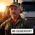 Lkw-Fahrer steht vor seinem Lkw in der Abendsonne und schaut nachdenklich