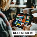 Eine Übersetzungs-App auf einem Tablet zeigt die Flaggen verschiedener Länder an.