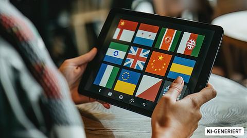 Eine Übersetzungs-App auf einem Tablet zeigt die Flaggen verschiedener Länder an.