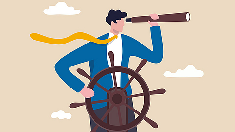 Illustration eines erfolgreichen Geschäftsmanns mit Steuerlenkrad und Teleskop