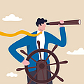 Illustration eines erfolgreichen Geschäftsmanns mit Steuerlenkrad und Teleskop