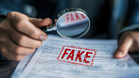 Eine Person prüft mit einer Lupe ein Dokument mit dem Stempel "Fake"