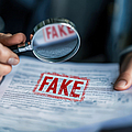 Eine Person prüft mit einer Lupe ein Dokument mit dem Stempel "Fake"
