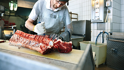 Fleischer bei Zerlegearbeiten mit Stechschutz und Schnittschutzhandschuh an Messer führender Hand