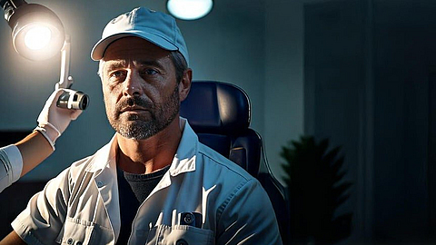 Die Haut eines Mannes wird beim Arzt untersucht.