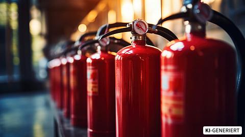 Feuerlöscher aufgereiht in einer Industriehalle