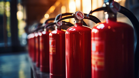 Feuerlöscher aufgereiht in einer Industriehalle