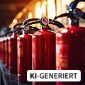 Feuerlöscher aufgereiht in einer Industriehalle