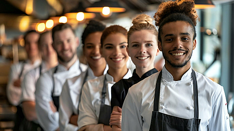 Selbstbewusstes multiethnisches Restaurantpersonal kommt zusammen