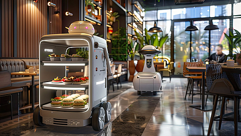 Ein autonomer Roboter im Restaurant liefert Essen an die Tische der Besucher.