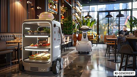 Ein autonomer Roboter im Restaurant liefert Essen an die Tische der Besucher. | © Pihta - stock.adobe.com, generiert mit KI Ein autonomer Roboter im Restaurant liefert Essen an die Tische der Besucher.