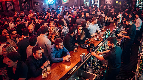 Barkeeper arbeiten in einer sehr vollen Bar. | © Adobe Stock | BornHappy | Generiert mit KI Barkeeper arbeiten in einer sehr vollen Bar.