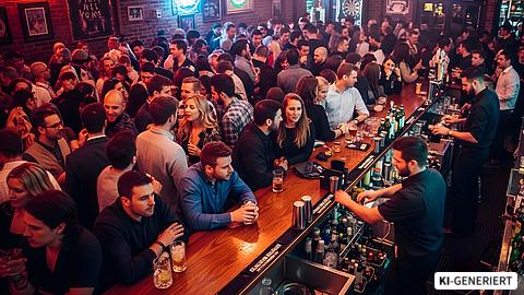 Barkeeper arbeiten in einer sehr vollen Bar.
