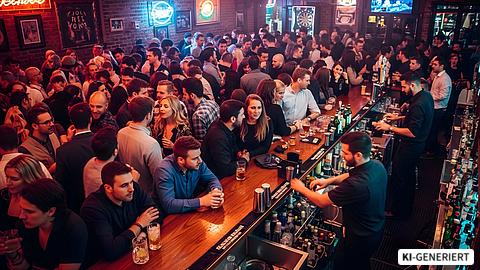Barkeeper arbeiten in einer sehr vollen Bar. | © Adobe Stock | BornHappy | Generiert mit KI Barkeeper arbeiten in einer sehr vollen Bar.