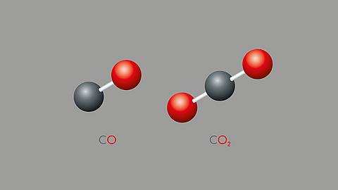 Kohlenmonoxid-CO- und Kohlendioxid-CO2-Molekülmodelle und chemische Formeln BEARBEITET